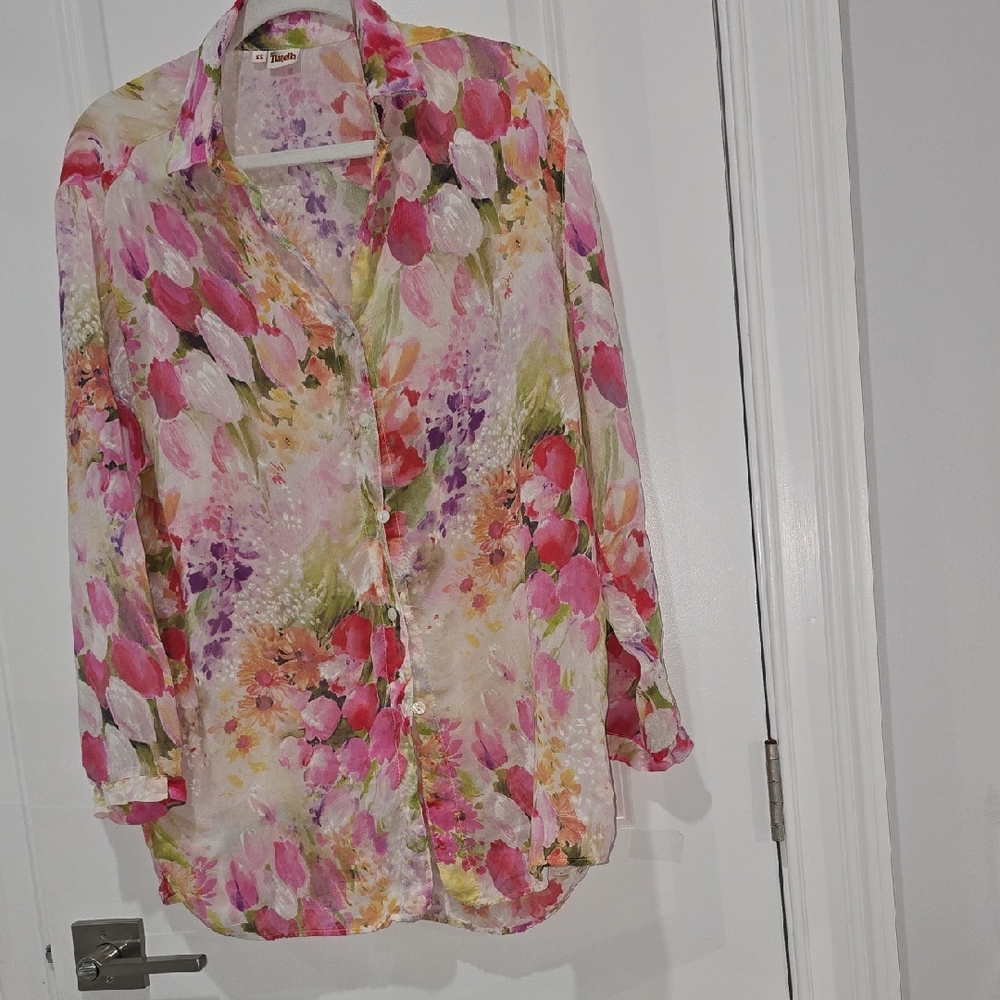 Tianello Pink and Orange Button Down Shirt with Notched Collar